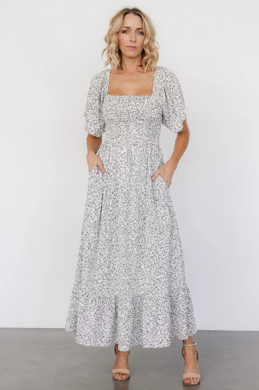 Soft And Comfortable Cassis Smocked Midi Dress | Ivory + Black Floral