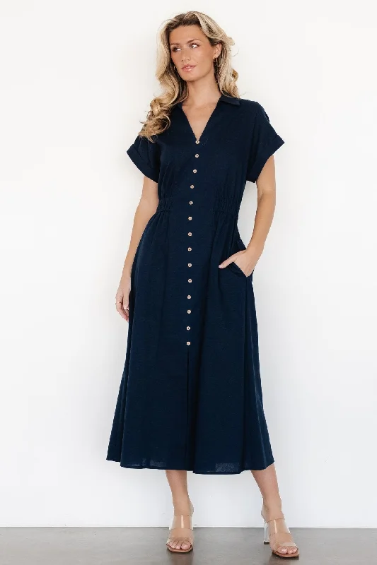 Elegant And Casual Larah Button Dress | Navy Blue