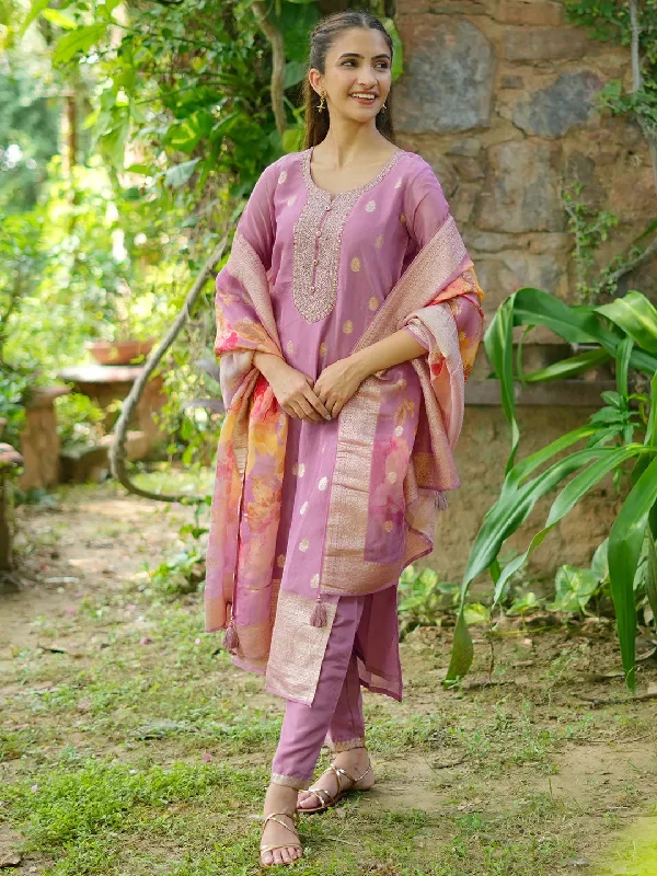 Sports Design Mauve Woven Design Silk Blend Straight Kurta With Palazzos & Dupatta