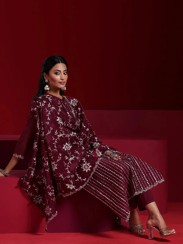 Elegant Design Libas Art Maroon Embroidered Chanderi Silk Straight Suit With Dupatta