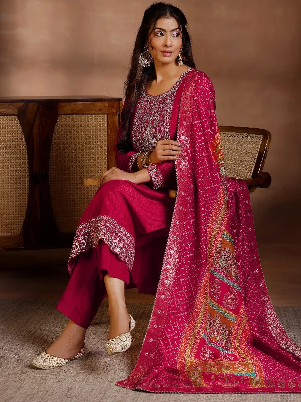 New Autumn And Winter Styles Red Embroidered Silk Blend Straight Suits With Dupatta