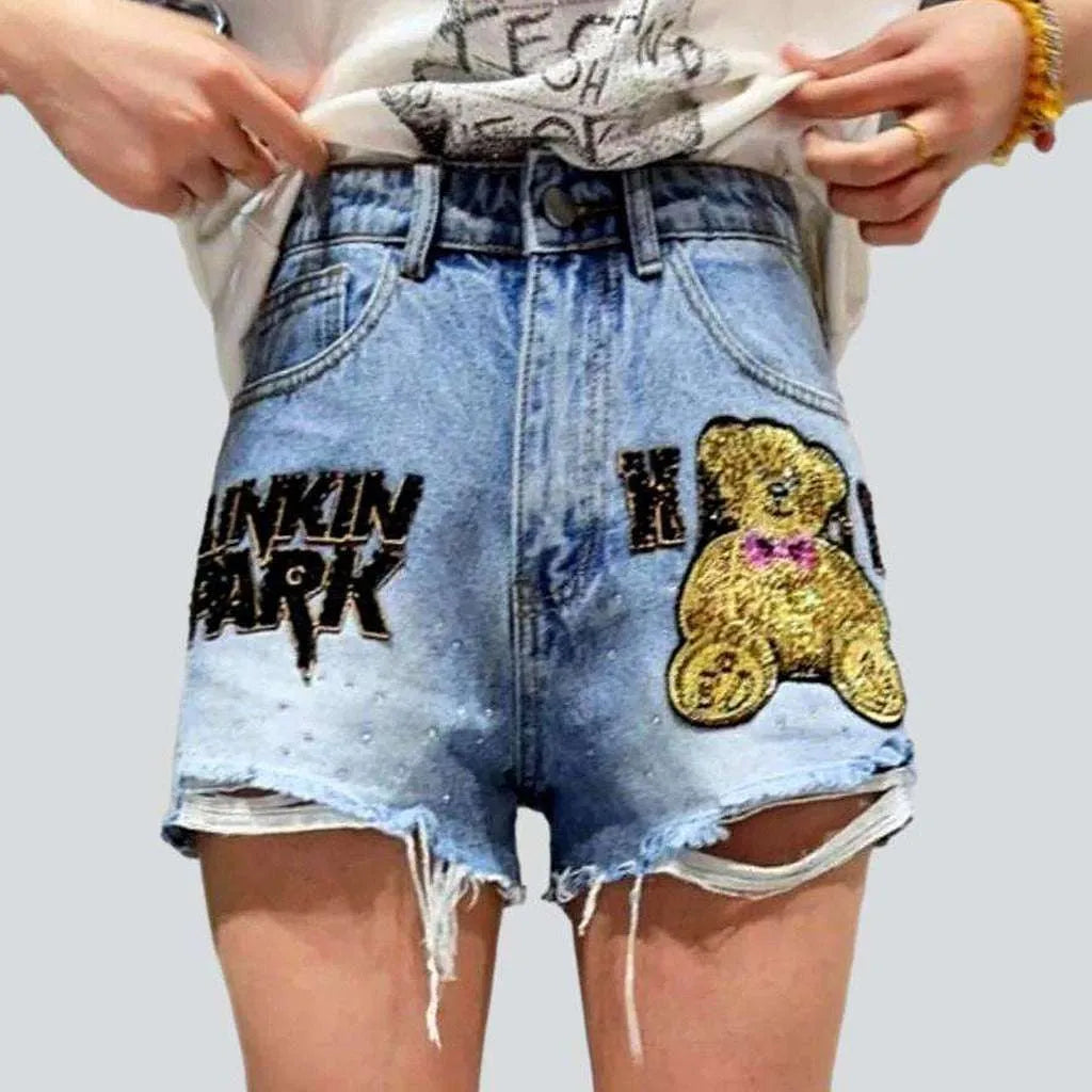 Trendy And Casual Teddy bear embroidery denim shorts