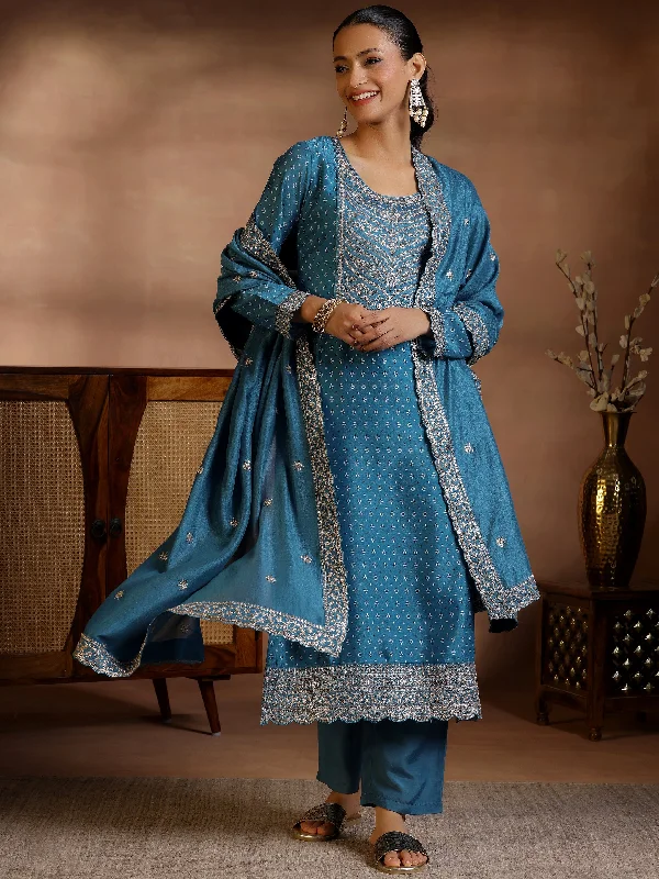 Elegant Design Blue Printed Silk Blend Straight Suit With Dupatta