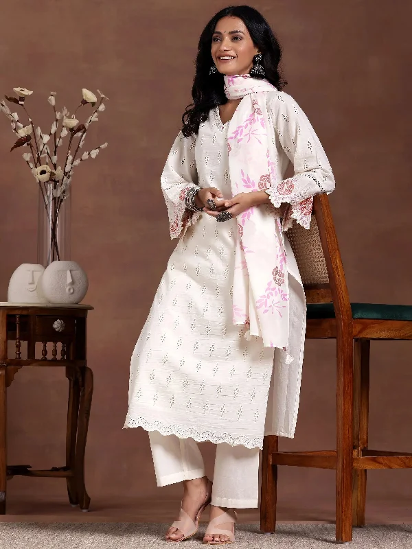 Wearable At Home Or Out Off white Self Design Cotton Straight Suit With Dupatta