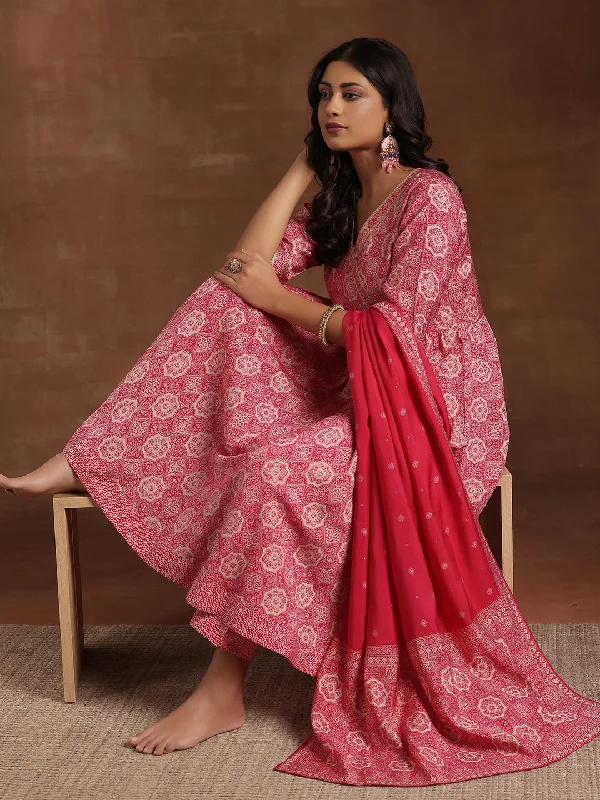 Free And Casual Pink Printed Silk Blend Anarkali Suit With Dupatta