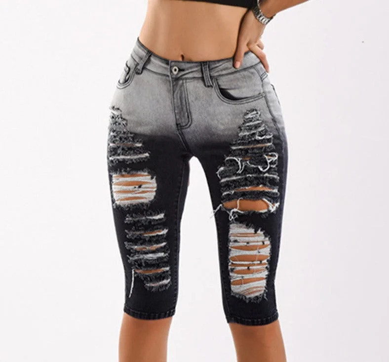 Exquisite Fabrics Knee Length Ripped Moto Jean Shorts