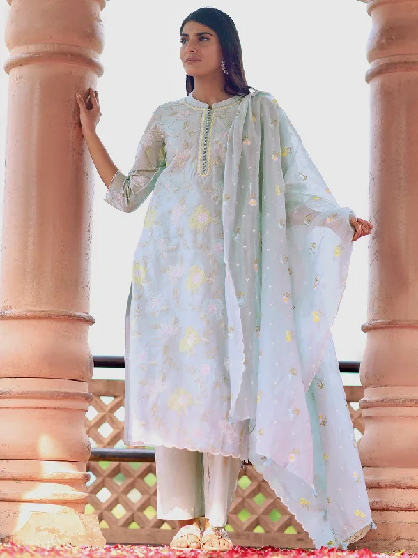 Comfortable Design Libas Art Blue Embroidered Chanderi Silk Straight Suit With Dupatta