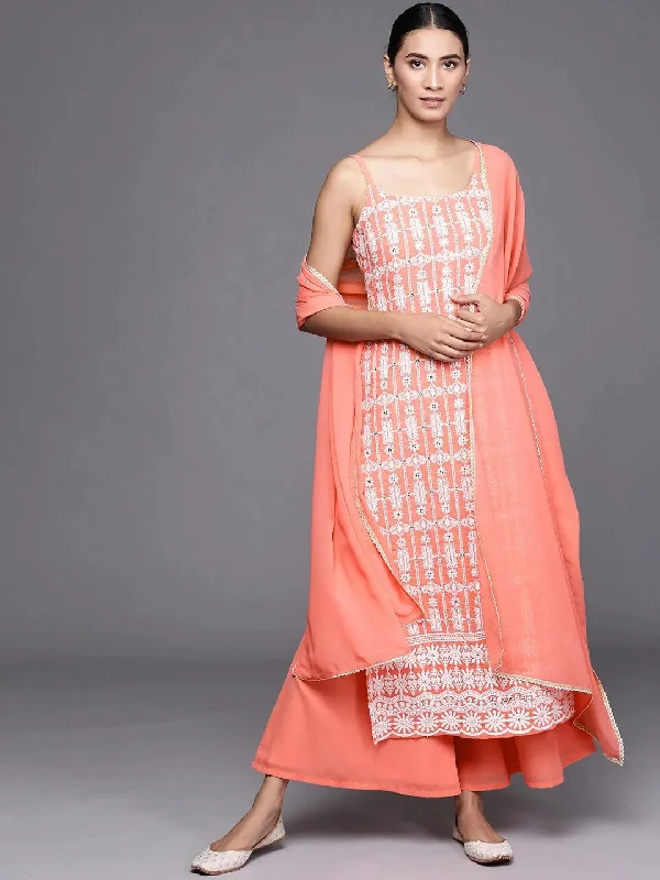 Comfortable And Cold-proof Coral Embroidered Georgette Straight Kurta With Palazzos & Dupatta