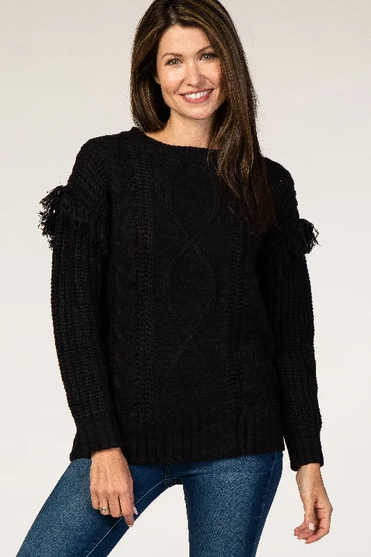 End Of The Year Black Cable Knit Fringe Sleeve Sweater