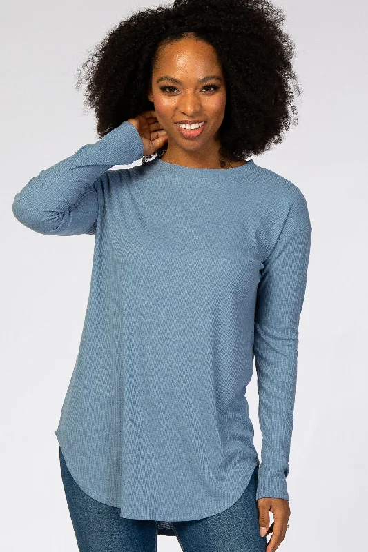 Youthful Street Fashion Denim Blue Long Sleeve Ribbed Top