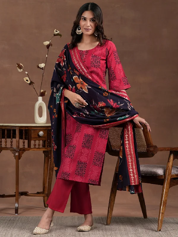 Dynamic Fashion Red Printed Silk Blend Straight Suit With Dupatta