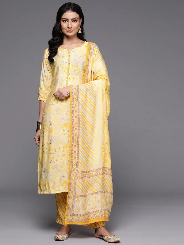 College Style Yellow Printed Silk Blend Straight Suit With Dupatta