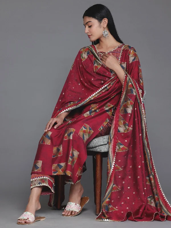 Exquisite Fabrics Maroon Printed Silk Blend Straight Suit With Dupatta