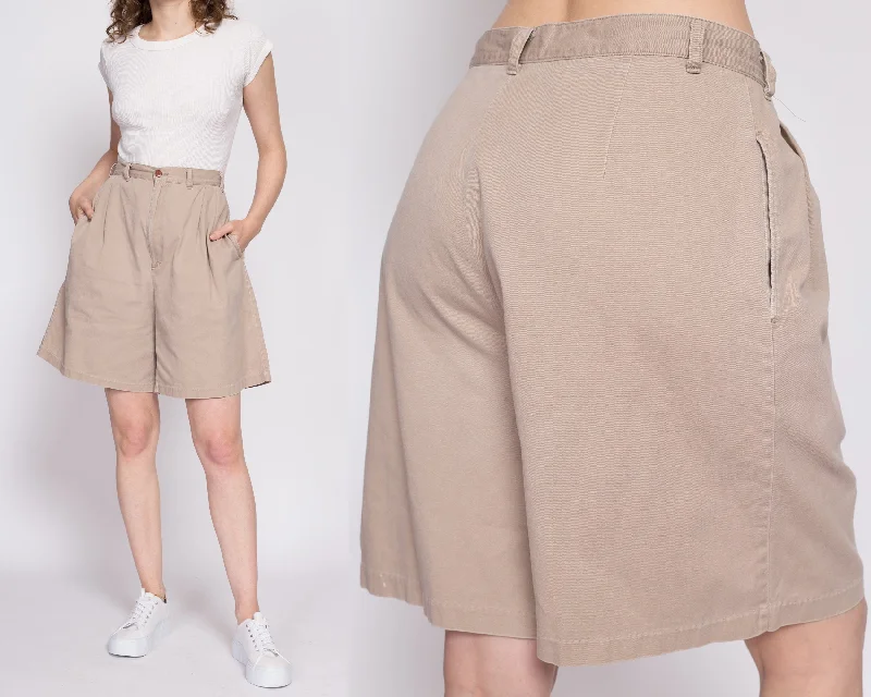 British Style 80s Khaki Pleated Cotton Shorts - Large, 31"