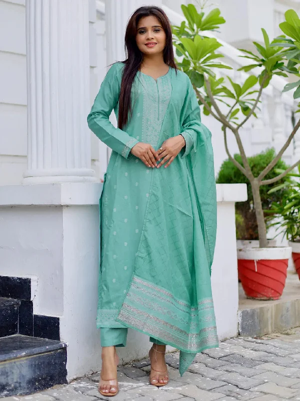 Slightly Flared Design Green Woven Design Silk Blend Straight Suit With Dupatta