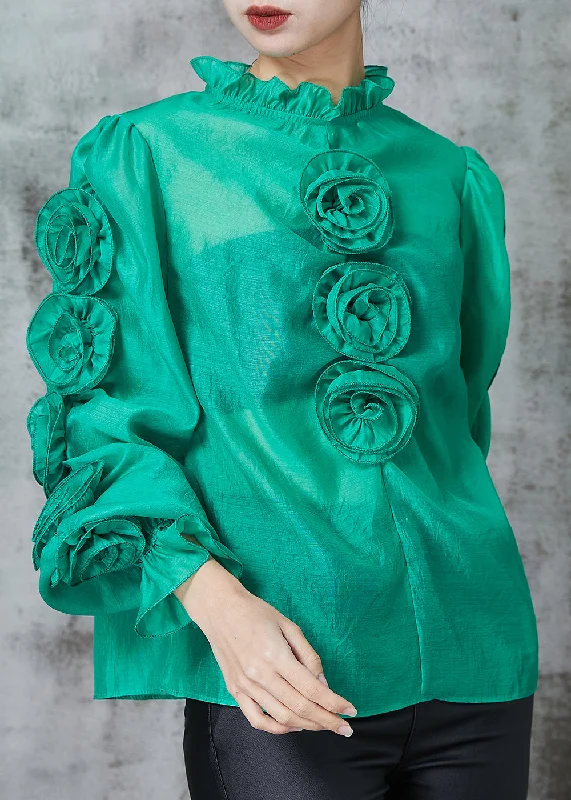 Versatile Items Green Stereoscopic Floral Chiffon Shirt Top Ruffled Spring