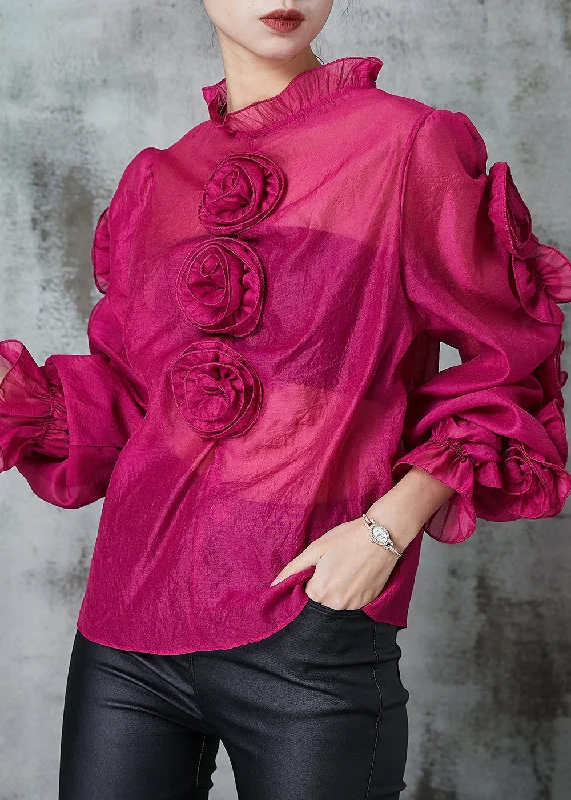 Lively And Youthful Boho Rose Stereoscopic Floral Chiffon Top Spring