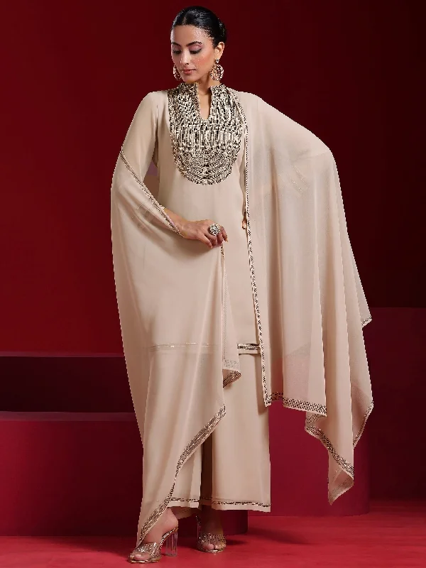 Luxury Style Libas Art Beige Yoke Design Georgette Straight Suit With Dupatta