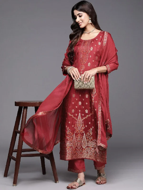 Celebrity Style Maroon Woven Design Silk Blend Straight Suit With Dupatta