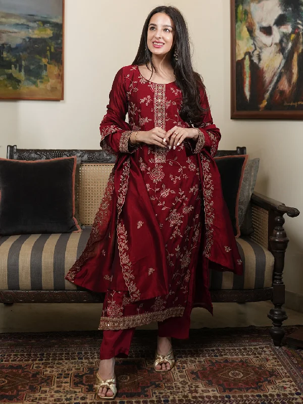 High-end Design Maroon Embroidered Silk Blend Straight Suit With Dupatta