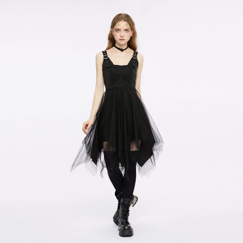 French Style Women's Punk Plunging Irregular Mesh Splice Slip Dress