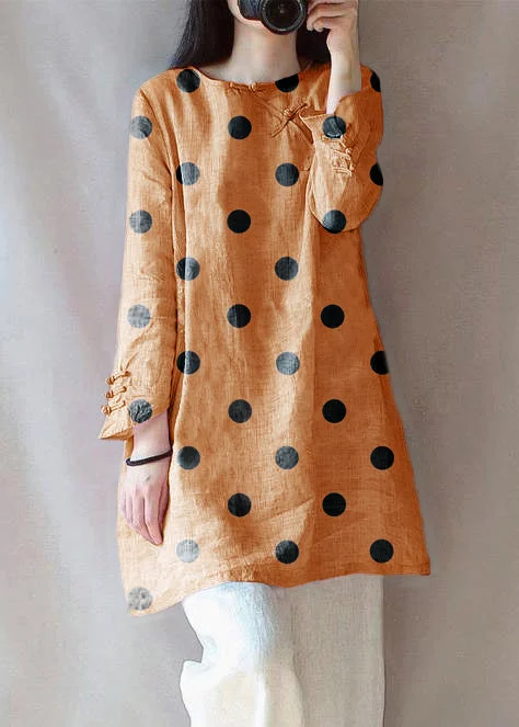 College Style Classy O Neck Chinese Button Clothes For Women Shape Orange polka dots Embroidery Shirt