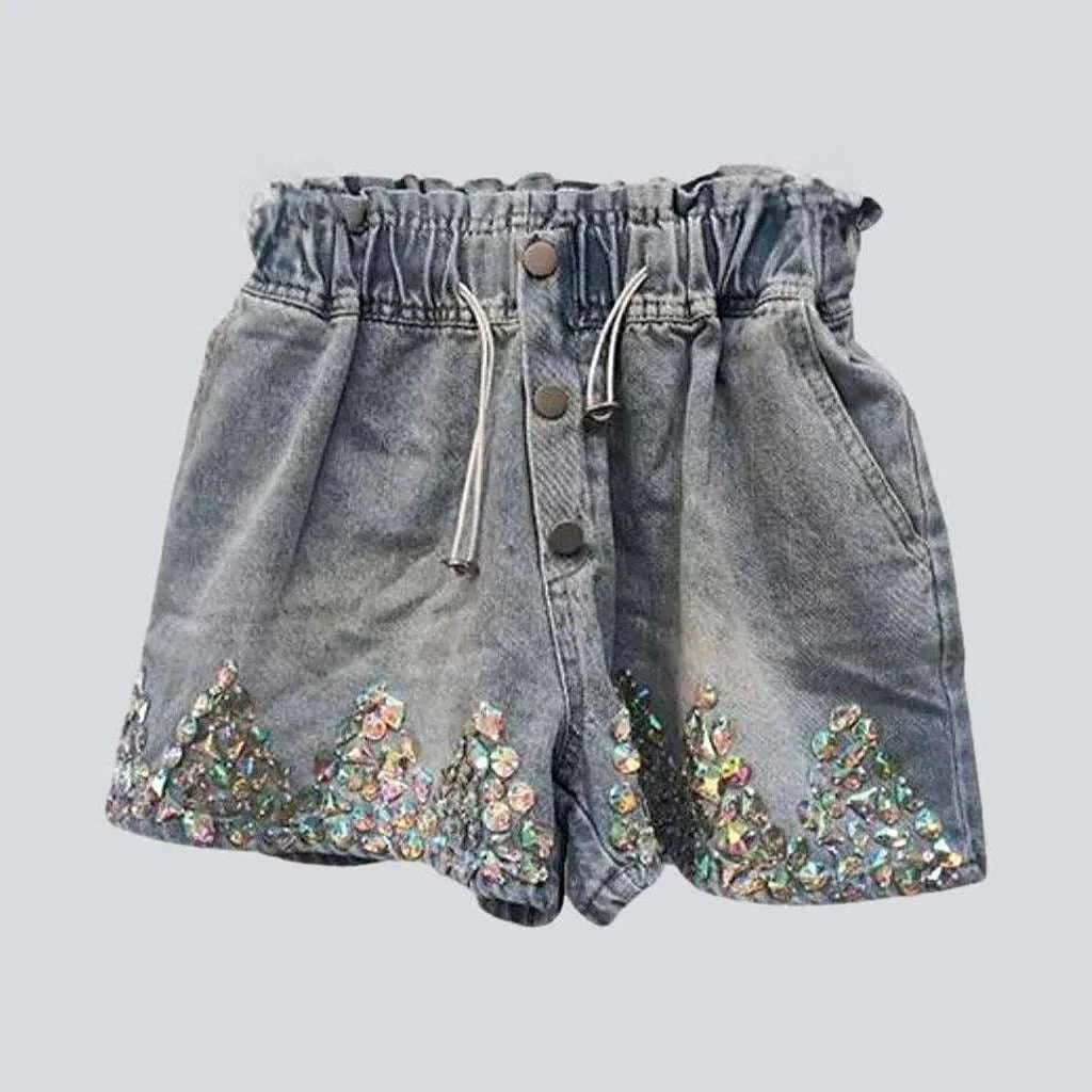 Simple Style Exposed buttons rhinestone denim shorts