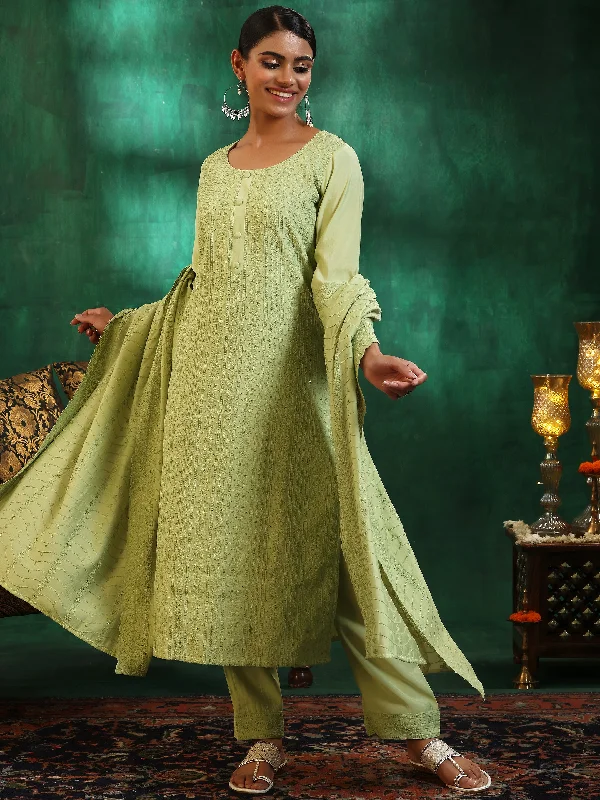 Elegant And Noble Green Embroidered Silk Blend Straight Suit With Dupatta