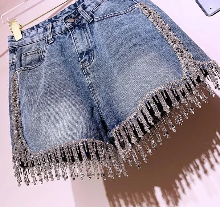 College Style Diamond Tassel Jean Shorts