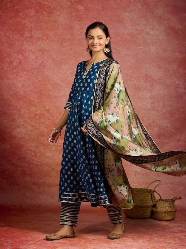 Trendy Items Blue Printed Silk Blend Anarkali Suit With Dupatta