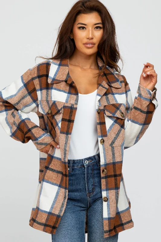 High-end Fabrics Mocha Plaid Button Down Maternity Over Shirt