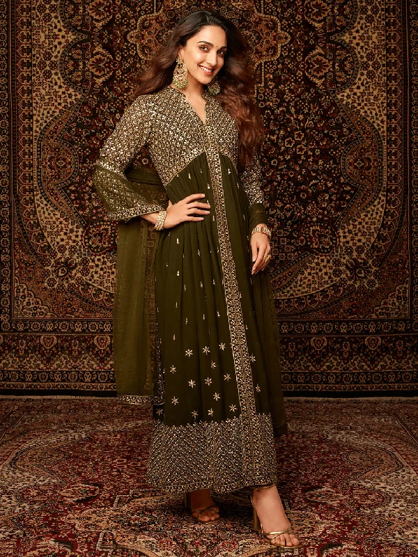 Luxury And Elegant Chandni Olive Embroidered Georgette A-Line Kurta With Trousers & Dupatta