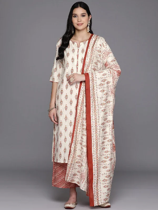 Comfortable And Versatile Cream Printed Silk Blend Straight Kurta With Palazzos & Dupatta