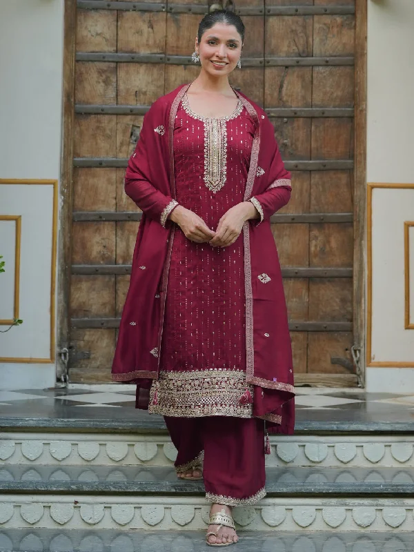 Warm Atmosphere Maroon Embroidered Silk Blend Straight Suit With Dupatta