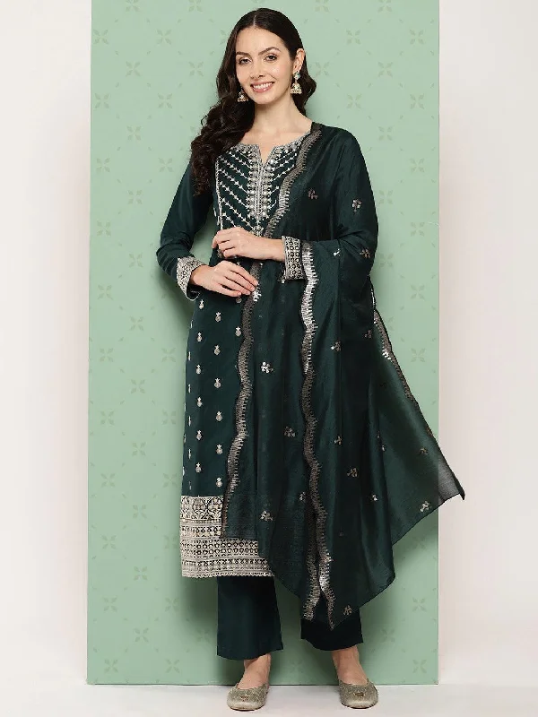 Simple And Comfortable Green Printed Silk Straight Suit With Dupatta