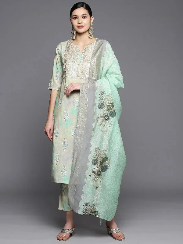 Design And Tailoring Green Yoke Design Silk Blend Straight Kurta With Trousers & Dupatta