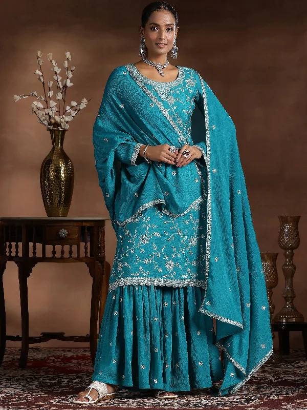 Retro Fashion Rama Blue Embroidered Silk Blend Straight Suit With Dupatta