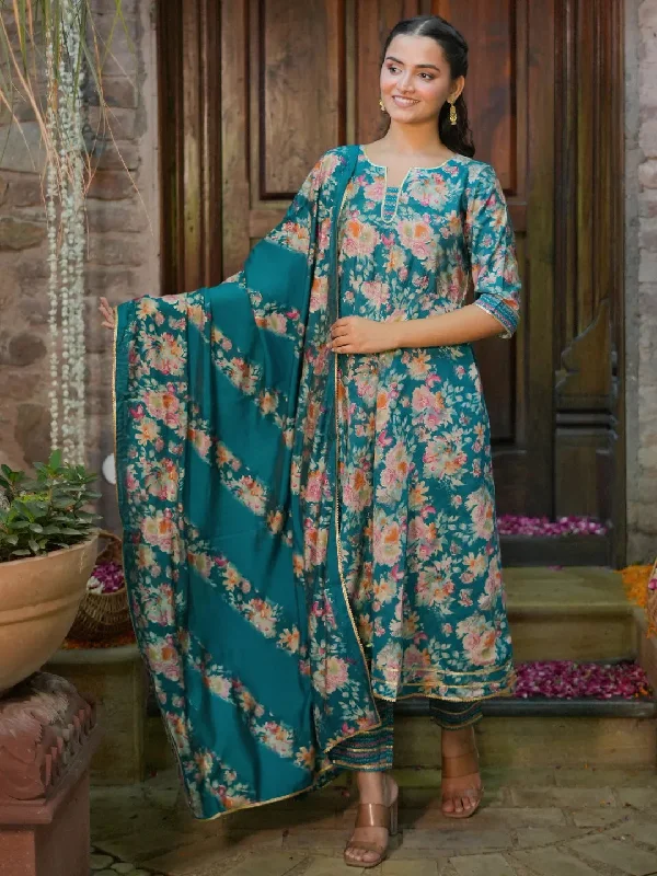 Light And Breathable Blue Printed Silk Blend Anarkali Suit With Dupatta