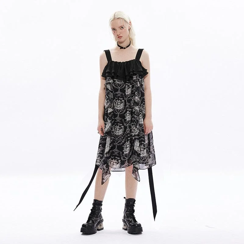 Personalized Design Women's Gothic Cat Printed Chiffon Slip Dress