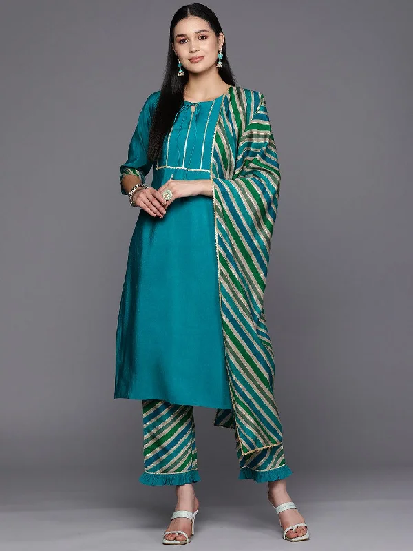 Romantic And Fresh Blue Yoke Design Silk Blend Straight Kurta With Trousers & Dupatta