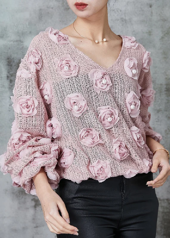 Wearable At Home Or Out Pink Floral Knit Cozy Shirt Nail Bead Spring