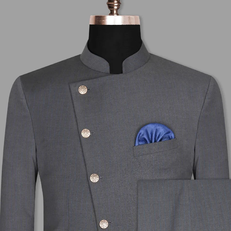 Avant-garde Design Smoky Grey Subtle Windowpane Cross Placket Bandhgala/Mandarin Suit