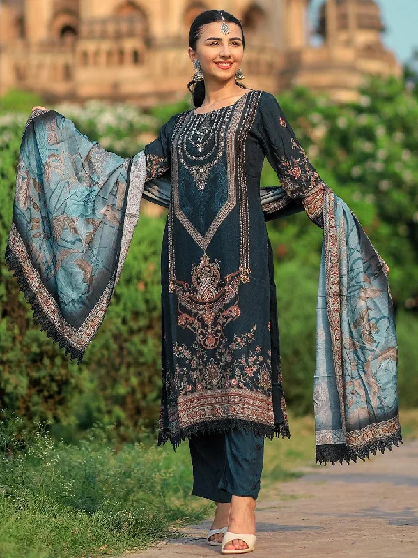 Casual Style Blue Printed Silk Blend Pakistani Suit