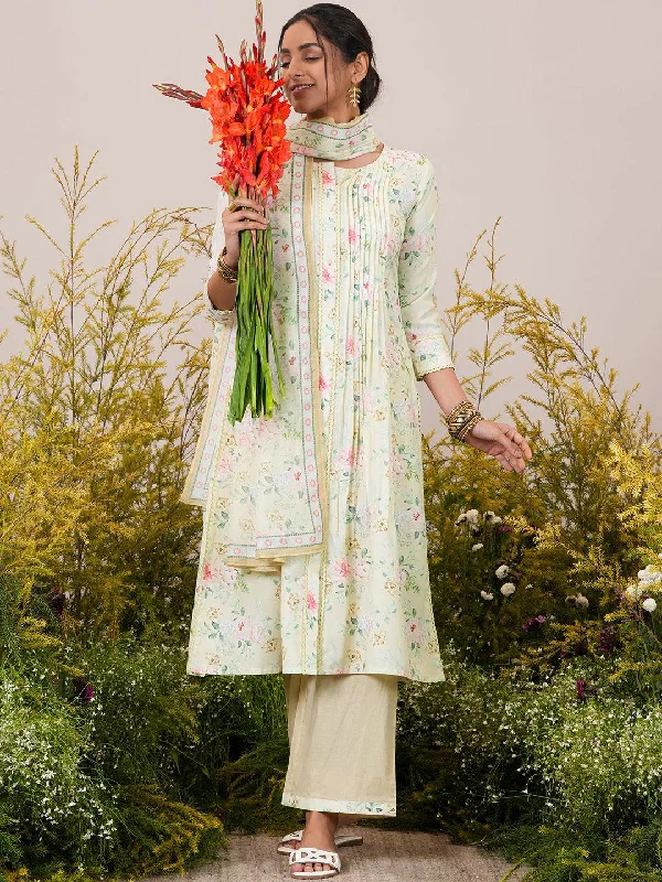 High-end Fabrics Yellow Printed Cotton Blend A-Line Kurta With Palazzos & Dupatta