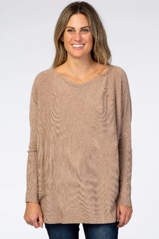 Fashionable And Versatile Mocha Soft Knit Boatneck Dolman Sleeve Sweater