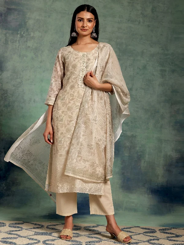 Carefree Beige Printed Chanderi Silk Straight Suit With Dupatta