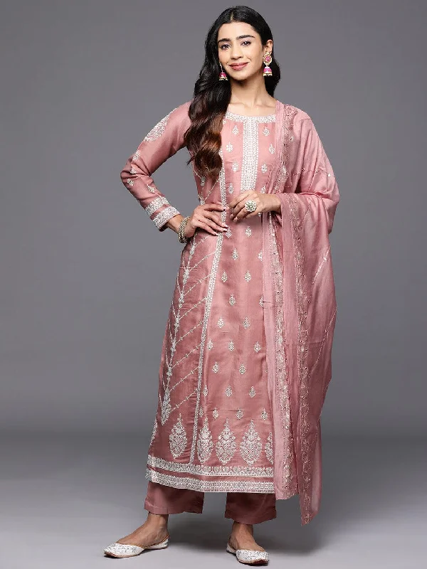 Elegant Wear Libas Art Rusty Pink Embroidered Silk Blend A-Line Kurta With Trousers & Dupatta