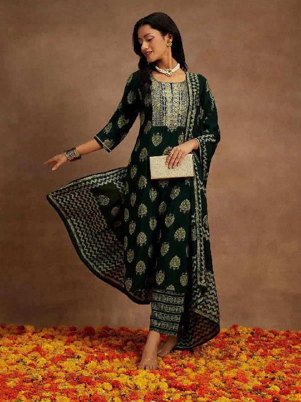 British Style Green Printed Silk Blend Straight Suit With Dupatta