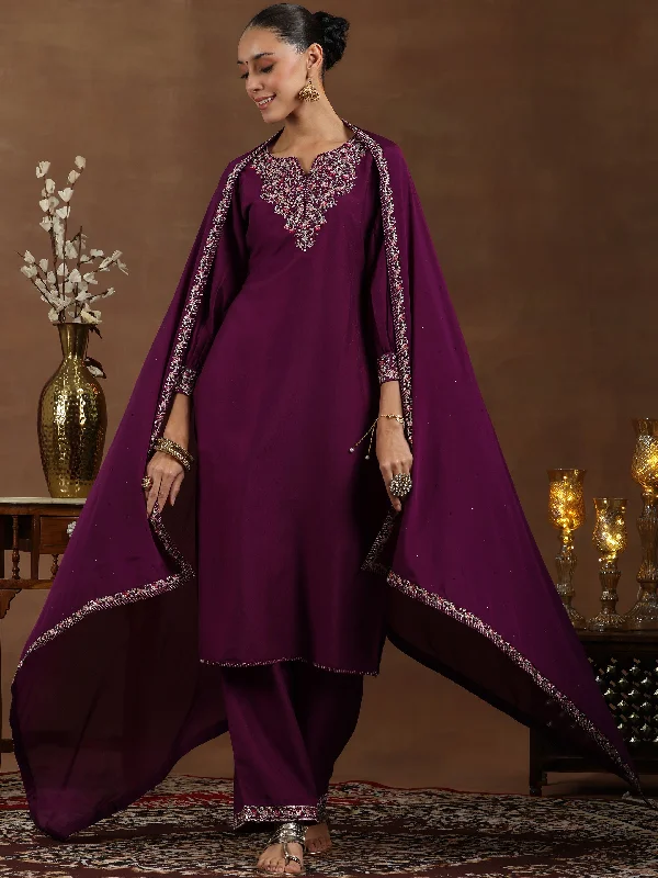 Sports Fashion Wine Yoke Design Silk Blend Straight Suit With Dupatta