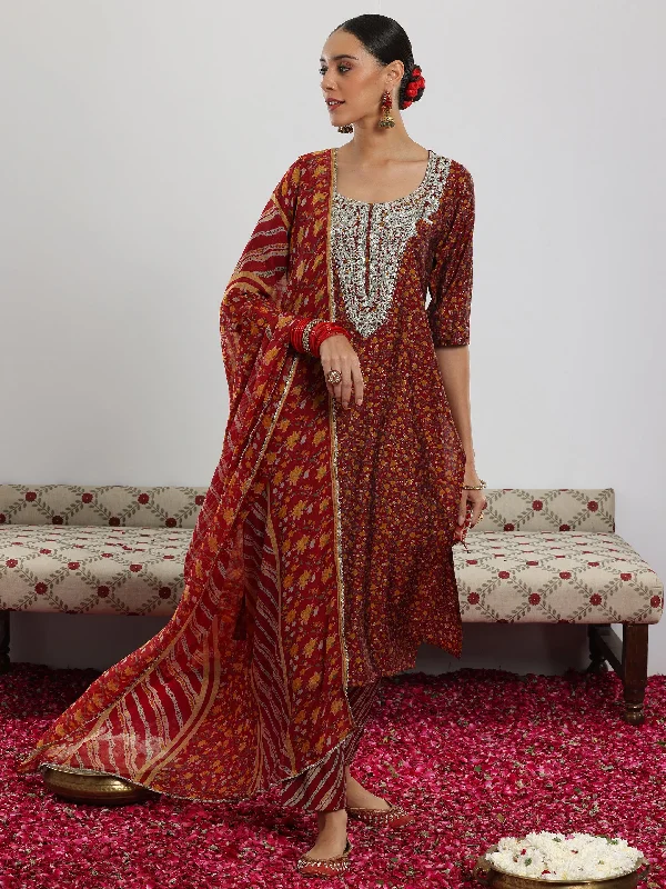 Comfortable And Versatile Maroon Printed Silk Blend Straight Suit With Dupatta